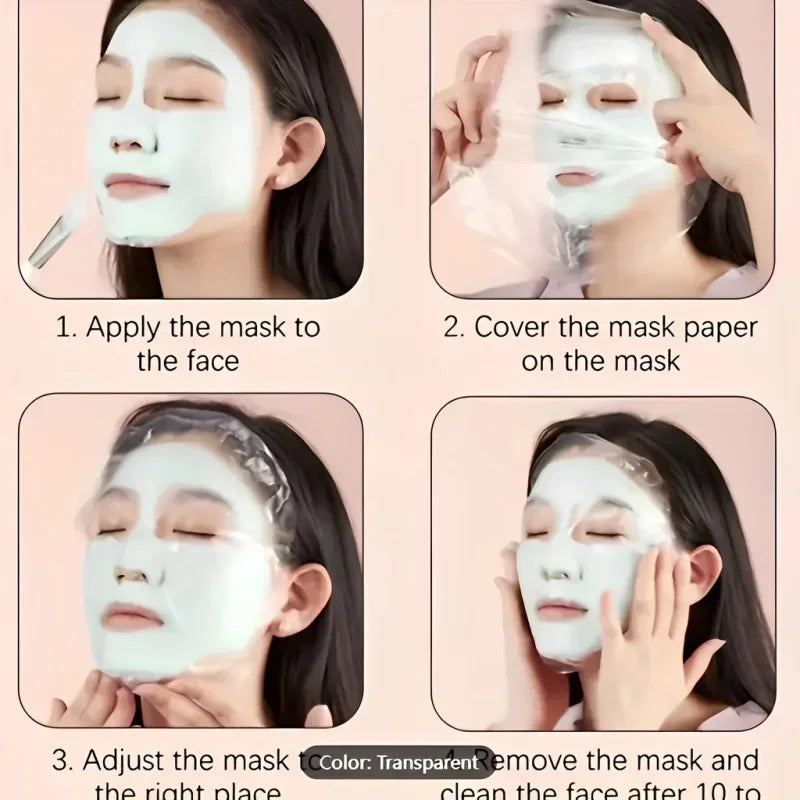 Transparent disposable plastic face cleaner mask with neck stickers, ideal for facial beauty and makeup applications.