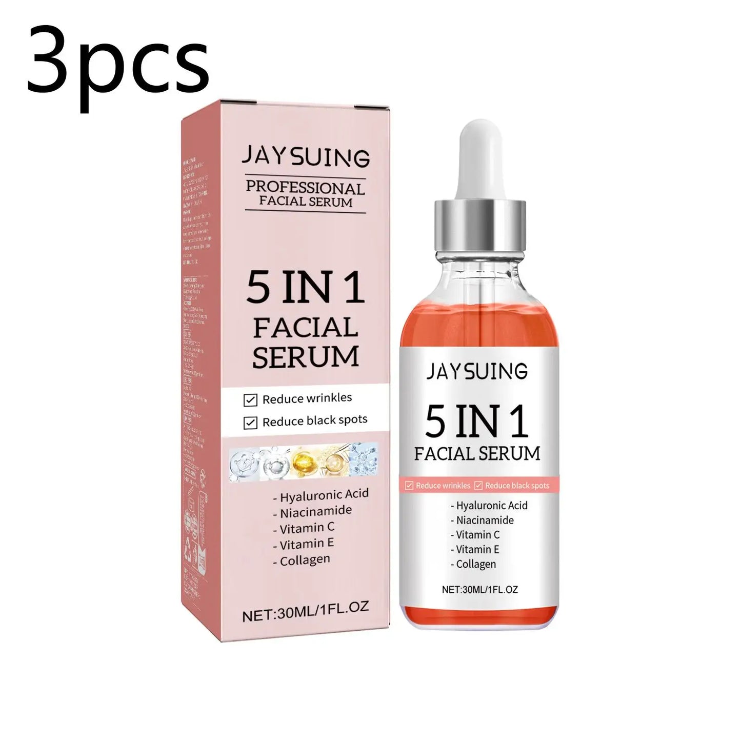 Jaysuing 5-in-1 face serum bottle with dropper, promoting anti-aging, firming, deep hydration, and reducing wrinkles and dark spots.