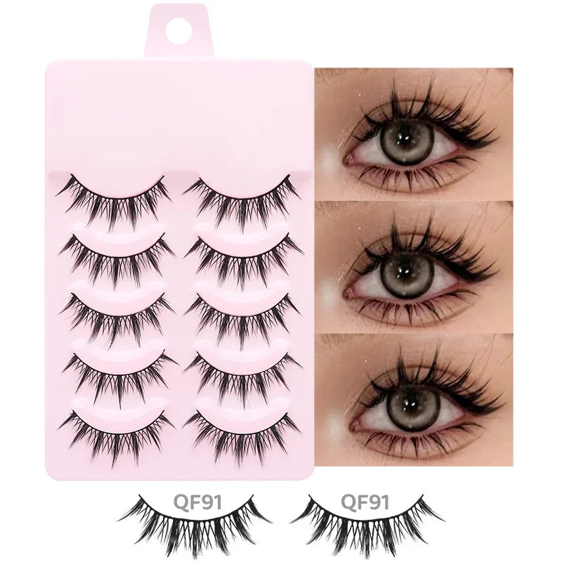 Sosweet Soft Natural Manga Lashes by amzzon.store, five pairs of wispy anime-style strip eyelashes for Korean doll makeup look.