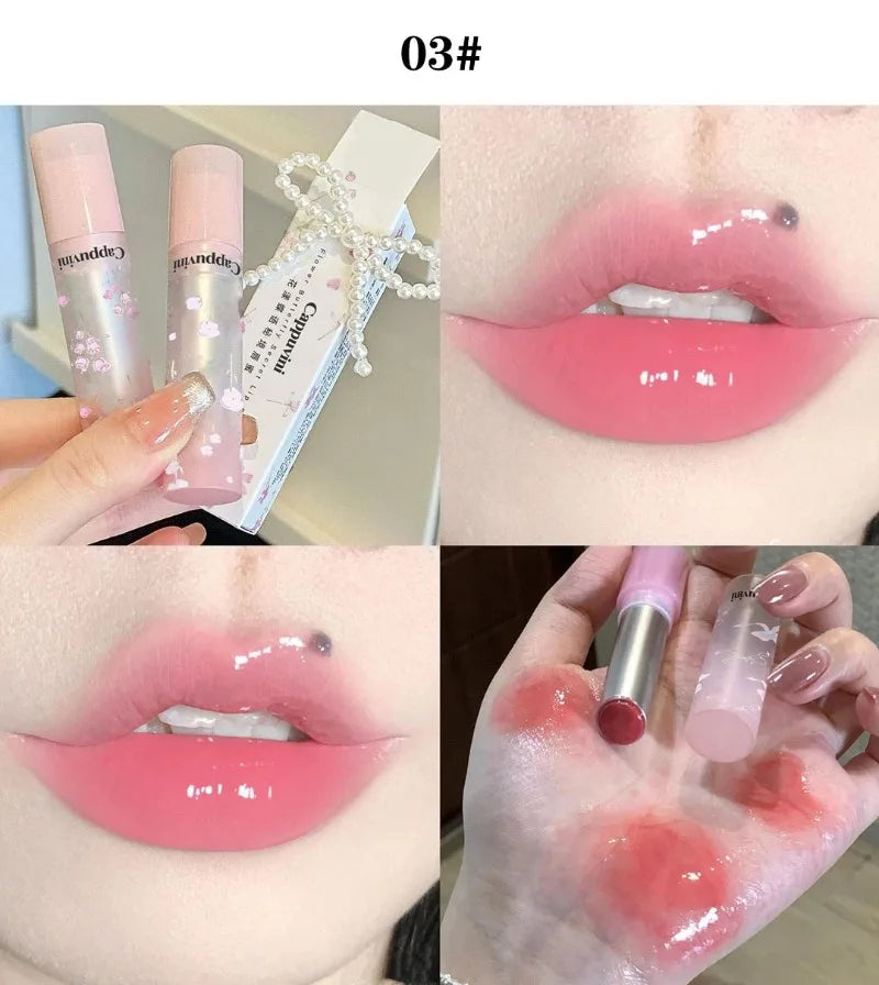Amzzonstore water light round tube lip gloss with natural nude peach tint, moisturizing and glossy lipstick in a clear, round container