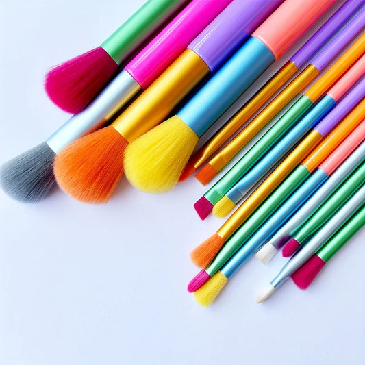 Set of 15 colorful makeup brushes including foundation, blush, concealer, eyeshadow, and blending brushes from amzzonstore.