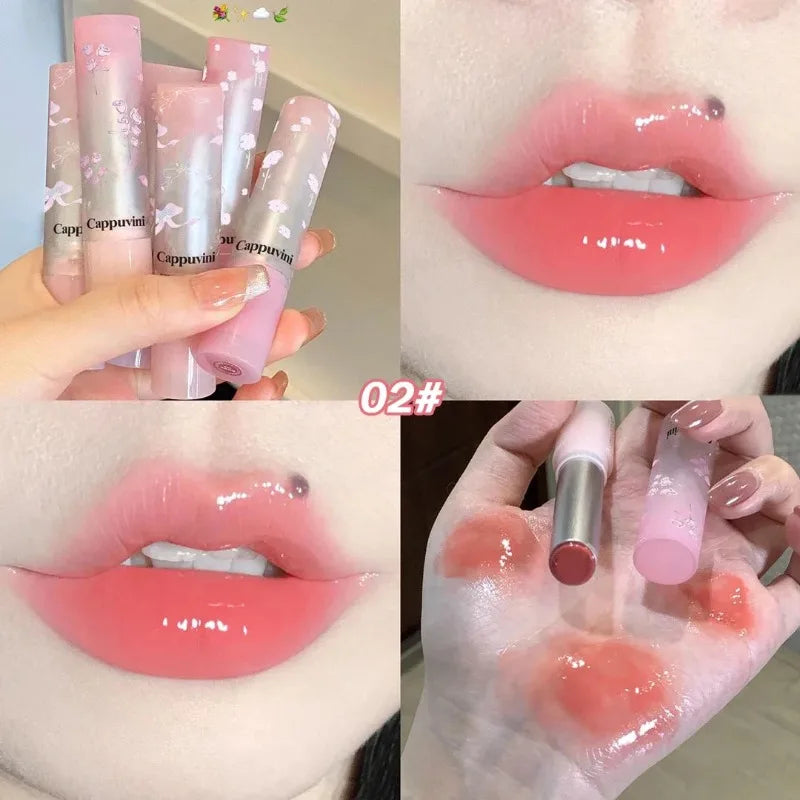 Amzzonstore mirror glass solid lip gloss in a water-light round tube, natural nude peach tint, moisturizing and glossy finish.