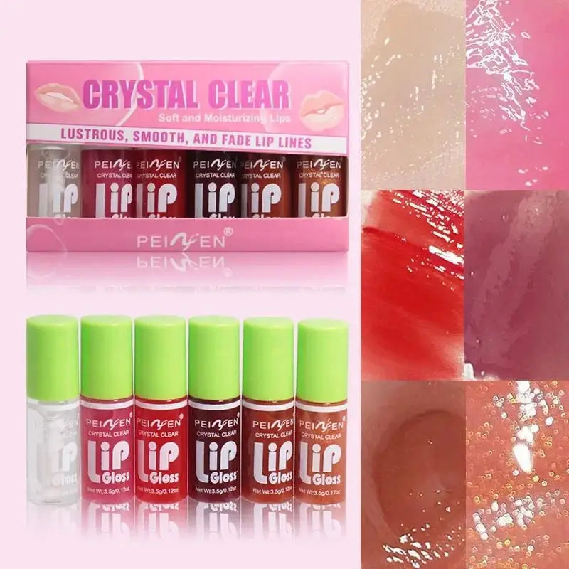 6-piece glass mirror lip gloss set by amzzon.store featuring hydrating shimmer lip glaze and plumping lip oil in sleek packaging