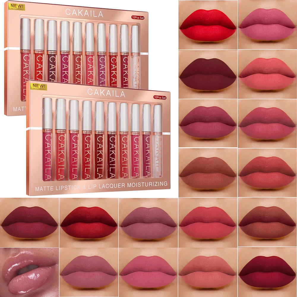 Waterproof matte liquid lipstick and lip oil set featuring nude, red, and pink shades in a long-lasting velvet lip gloss kit.