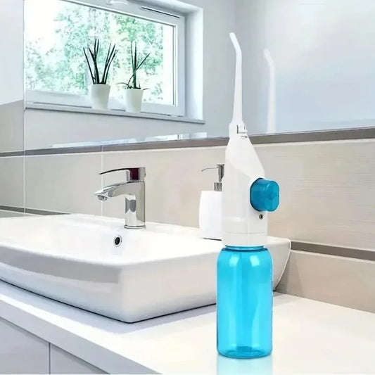 Portable manual water flosser by amzzon.store, high-pressure oral irrigator with toothpick-style interdental cleaner in black and white.