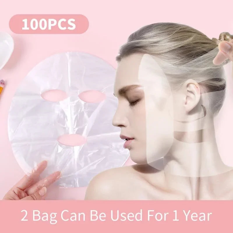 Transparent full face cleaner mask and neck stickers, disposable plastic film for facial beauty and makeup application.