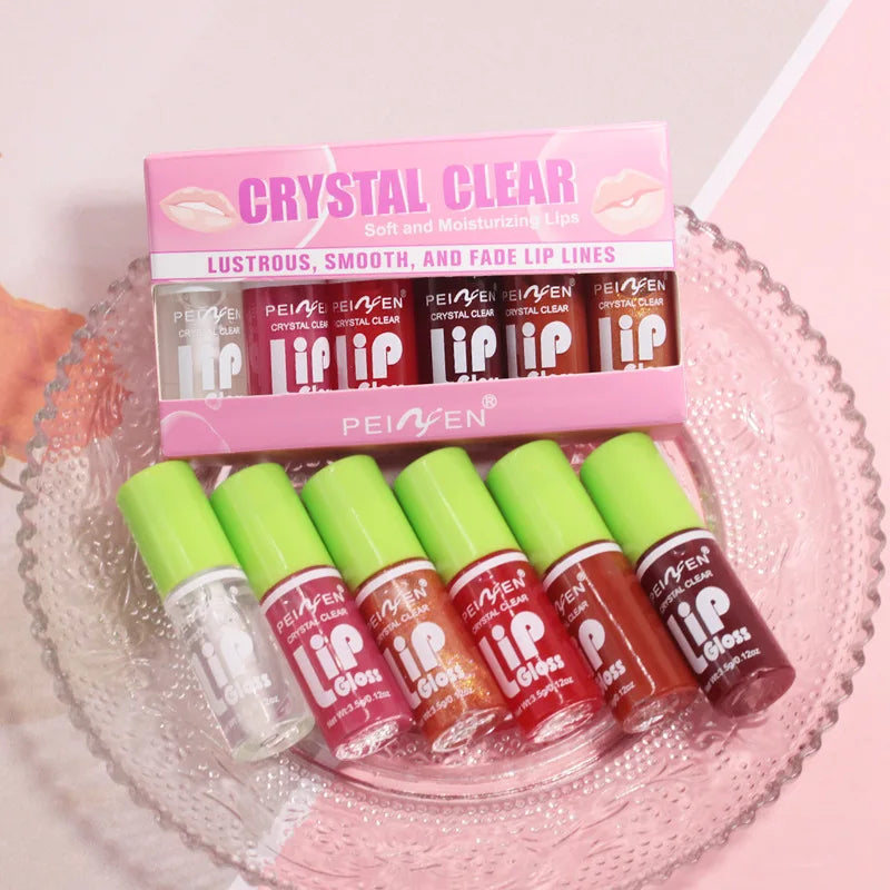 Six-piece glass mirror lip gloss set with hydrating shimmer lip glaze and plumping lip oil from amzzon.store.