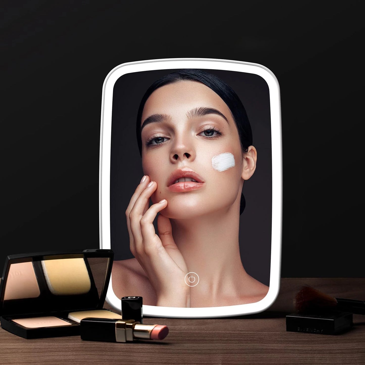 Compact LED makeup mirror with stand, folding design, touch screen, portable vanity mirror for travel and tabletop use.