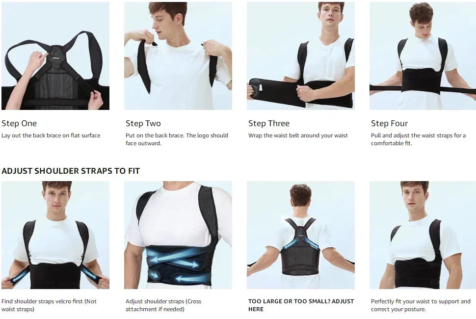 Adjustable posture corrector back brace for men and women, ergonomic spinal support, comfortable orthopedic straps for upper back.