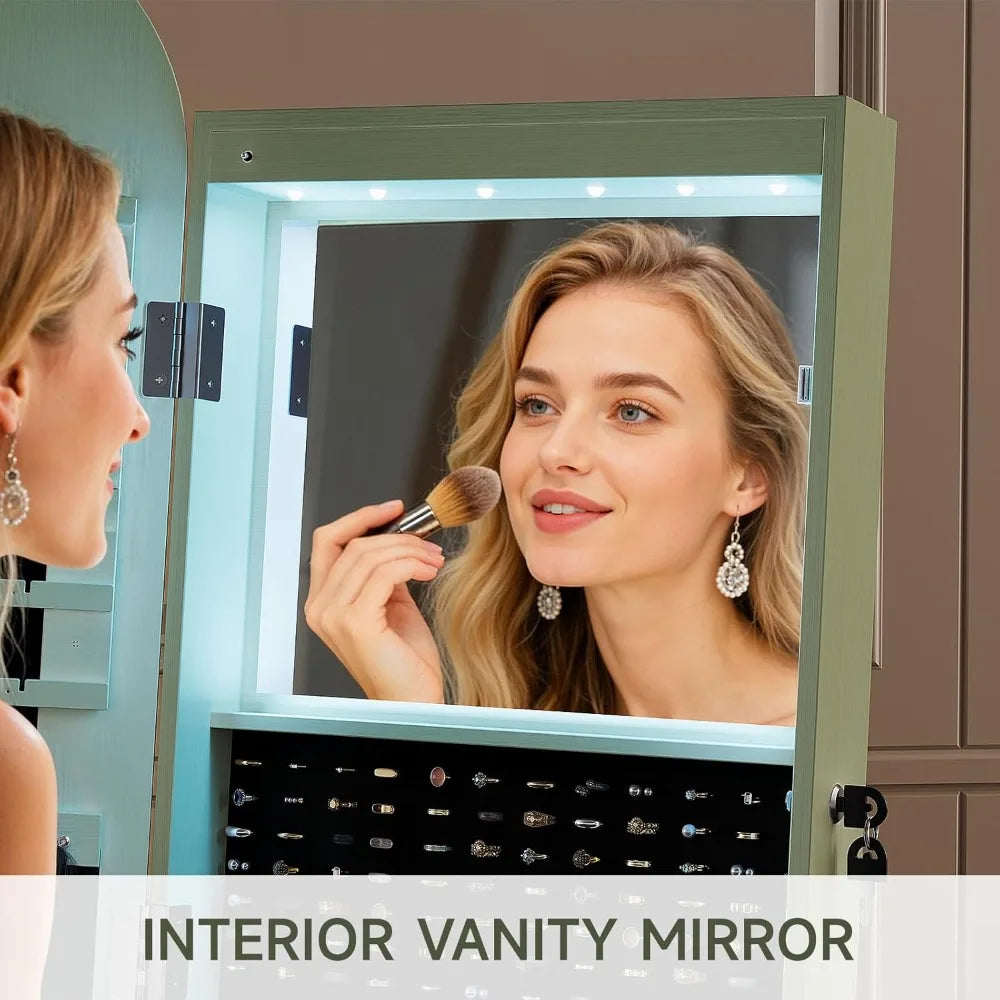 Amzzonstore 360° swivel jewelry mirror cabinet with interior makeup mirror, built-in lights, standing jewelry armoire organizer.