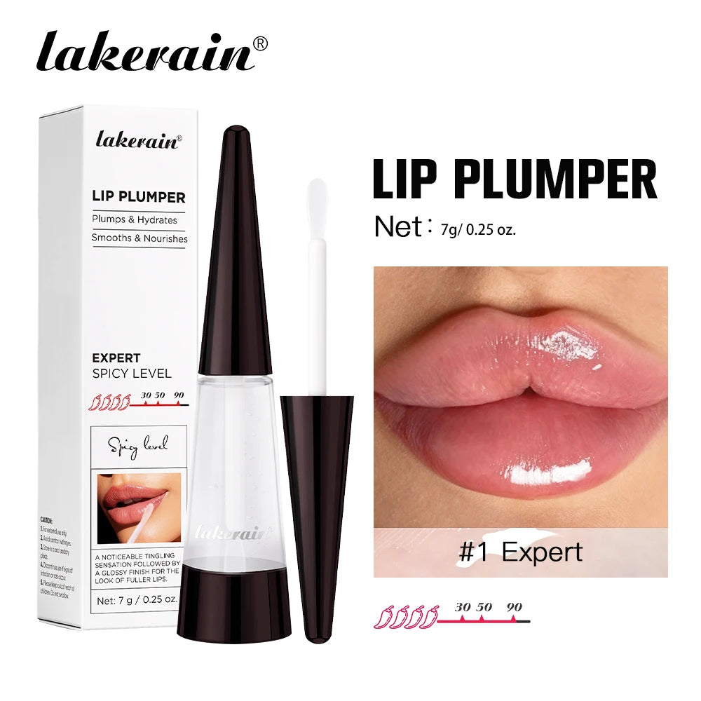 Amzzonstore Lakerain Lip Plumper Gloss Oil showing glossy, volumizing lip enhancement with hydrating shine on lips.