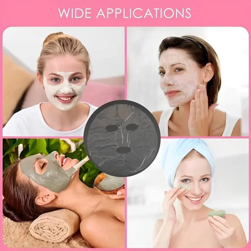 Transparent disposable plastic full-face cleaner mask with neck stickers, ideal for facial beauty and makeup applications.
