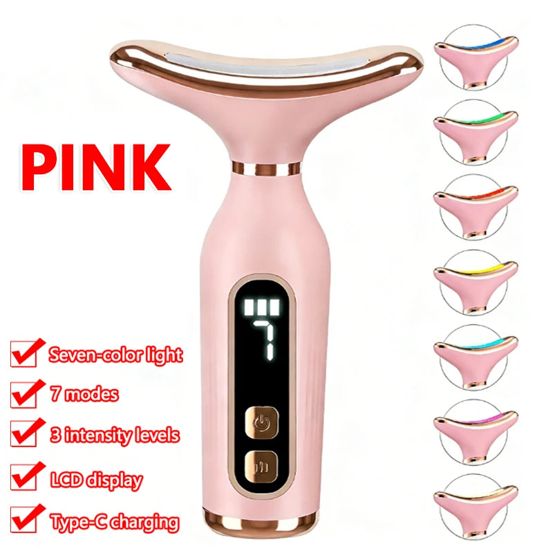 Amzzon.store 7-color LED light therapy face and neck massager with sonic vibration for skin tightening and anti-wrinkle skin care.