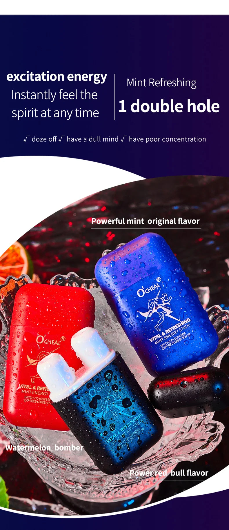 O'cheal Energy Stick by amzzonstore with dual holes, fresh mint scent, energizing vapors, and fatigue relief inhaler.