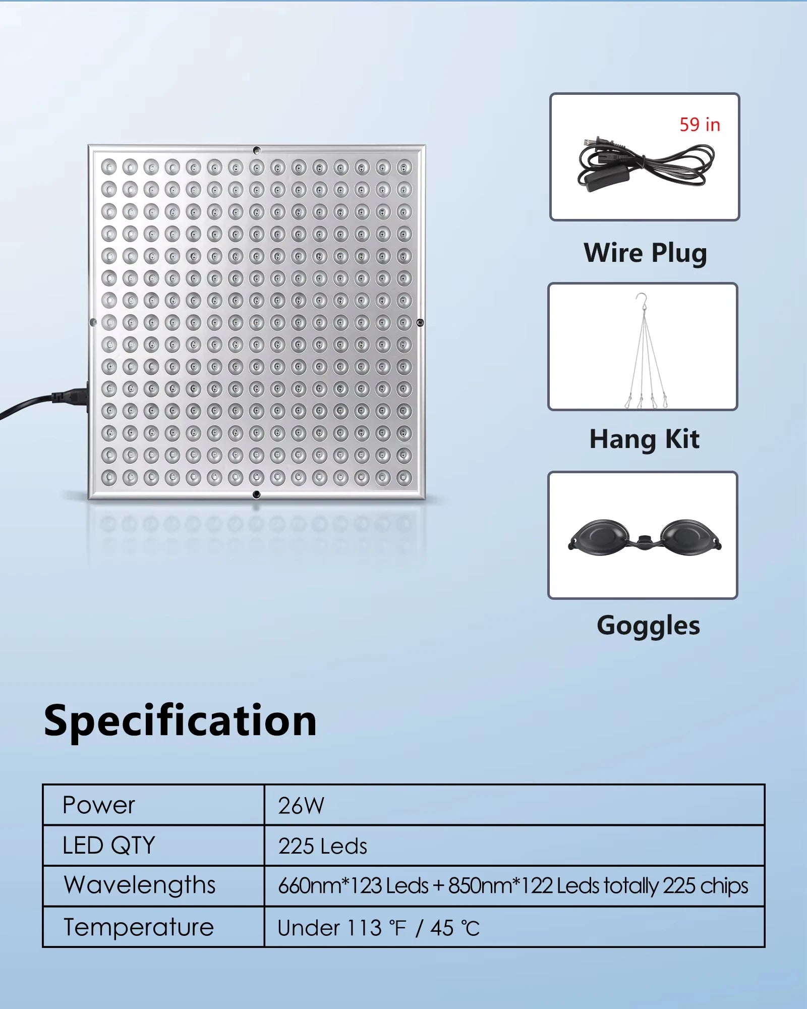 Amzzonstore LED red light therapy panel for facial skin care, anti-aging, pain relief, featuring 225 LED lights for physical therapy.