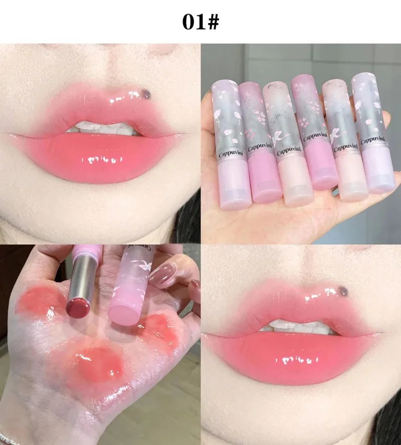 Amzzonstore water light round tube lip gloss with natural nude peach tint and moisturizing jelly finish on smooth lips.