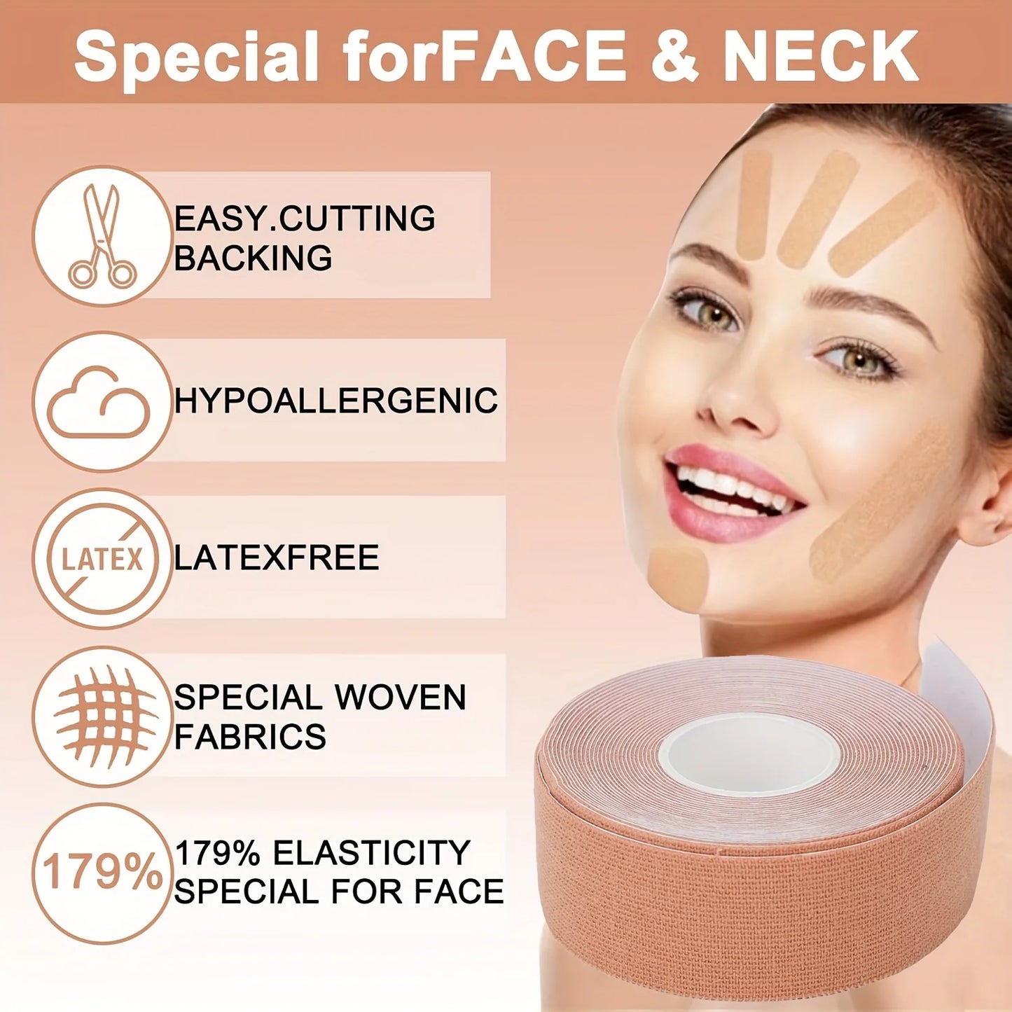 High elasticity face and neck wrinkle removal tape by amzzonstore, showing smooth, multipurpose skin-sticking patches for forehead, chin, and lips.