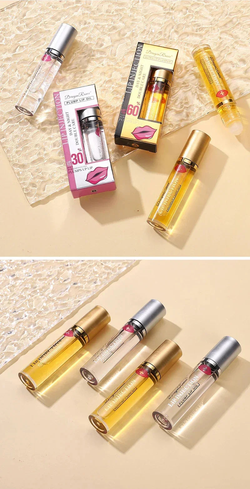 Amzzonstore lip plumper oil with glossy finish, showcasing moisturized, plumped lips and natural shine.