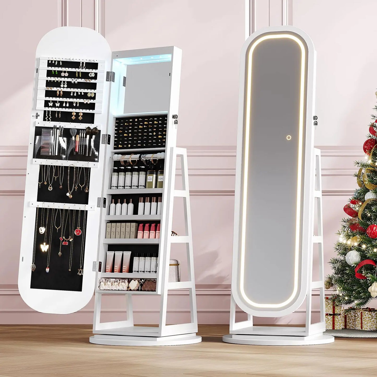 Amzzonstore 360° swivel jewelry mirror cabinet with built-in lights and inside makeup mirror, standing jewelry armoire organizer.