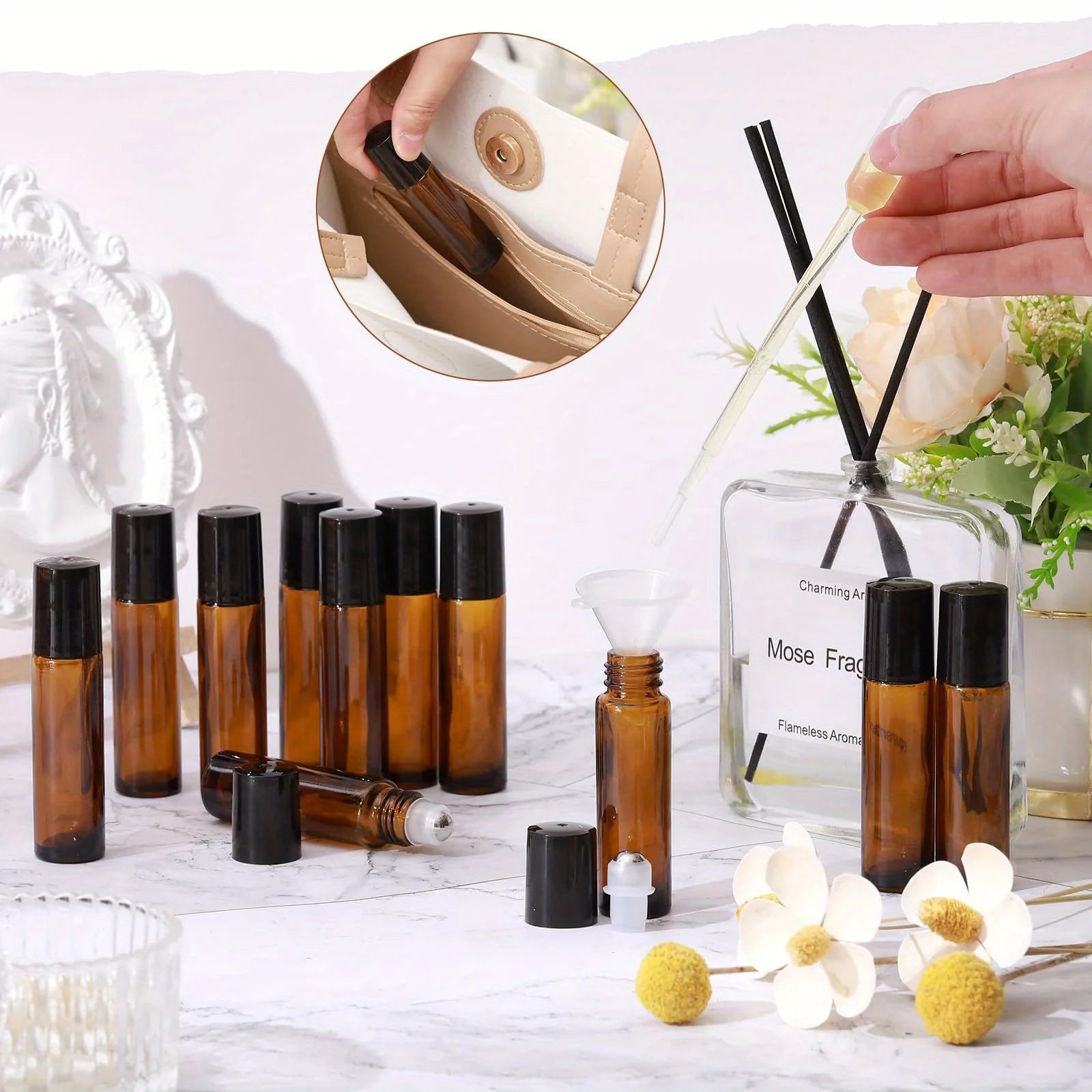 Refillable 10ml glass roll-on bottles with stainless steel balls for essential oils, perfumes, and travel use.