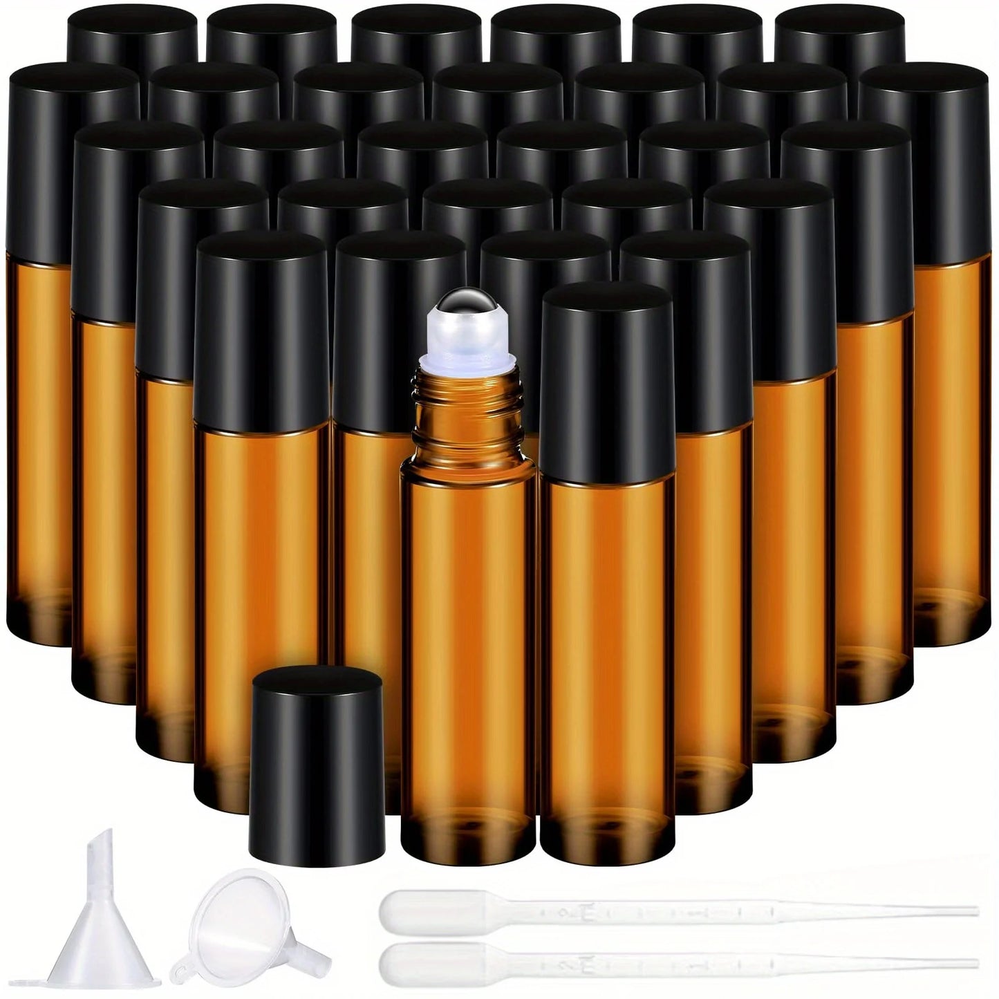 Empty 10ml glass roll-on essential oil bottles with stainless steel ball for perfumes, travel, and refillable aromatherapy use.