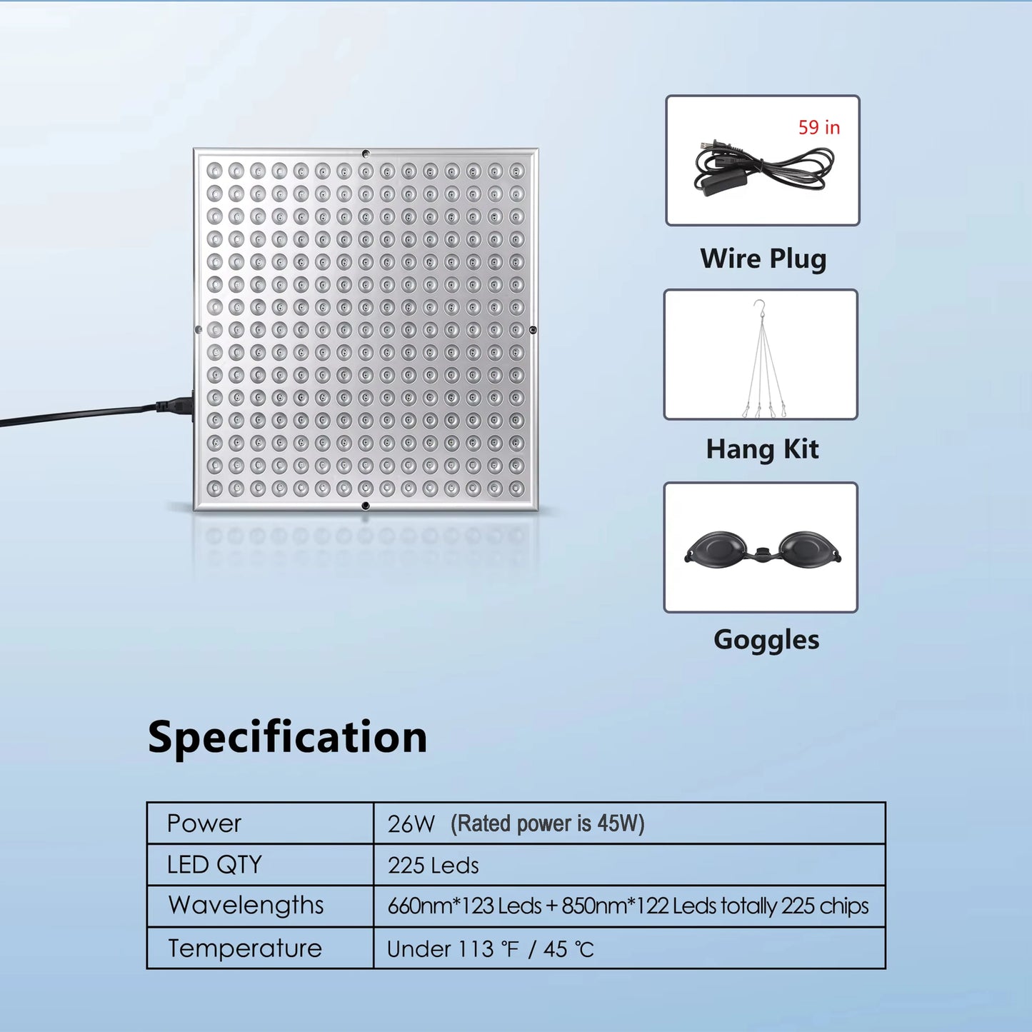Red LED light therapy panel for facial skin care and pain relief, featuring 225 LED lights for anti-aging and physical therapy.