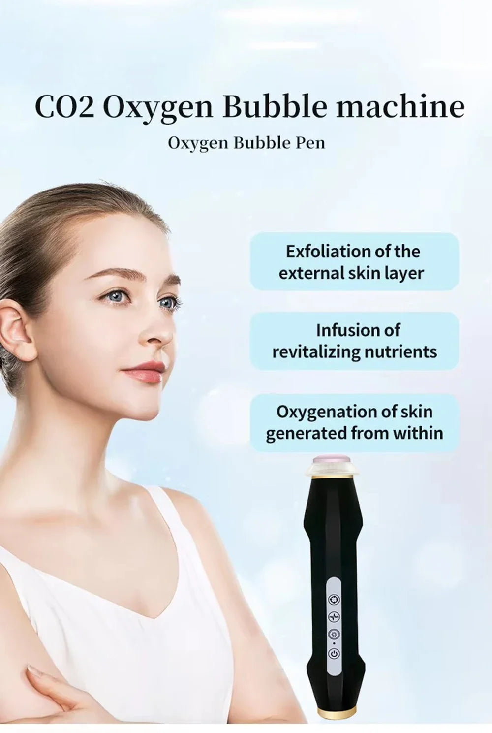 Portable CO2 oxygen bubble pen by amzzonstore with rechargeable exfoliating head, handheld facial cleansing device for spa skincare.