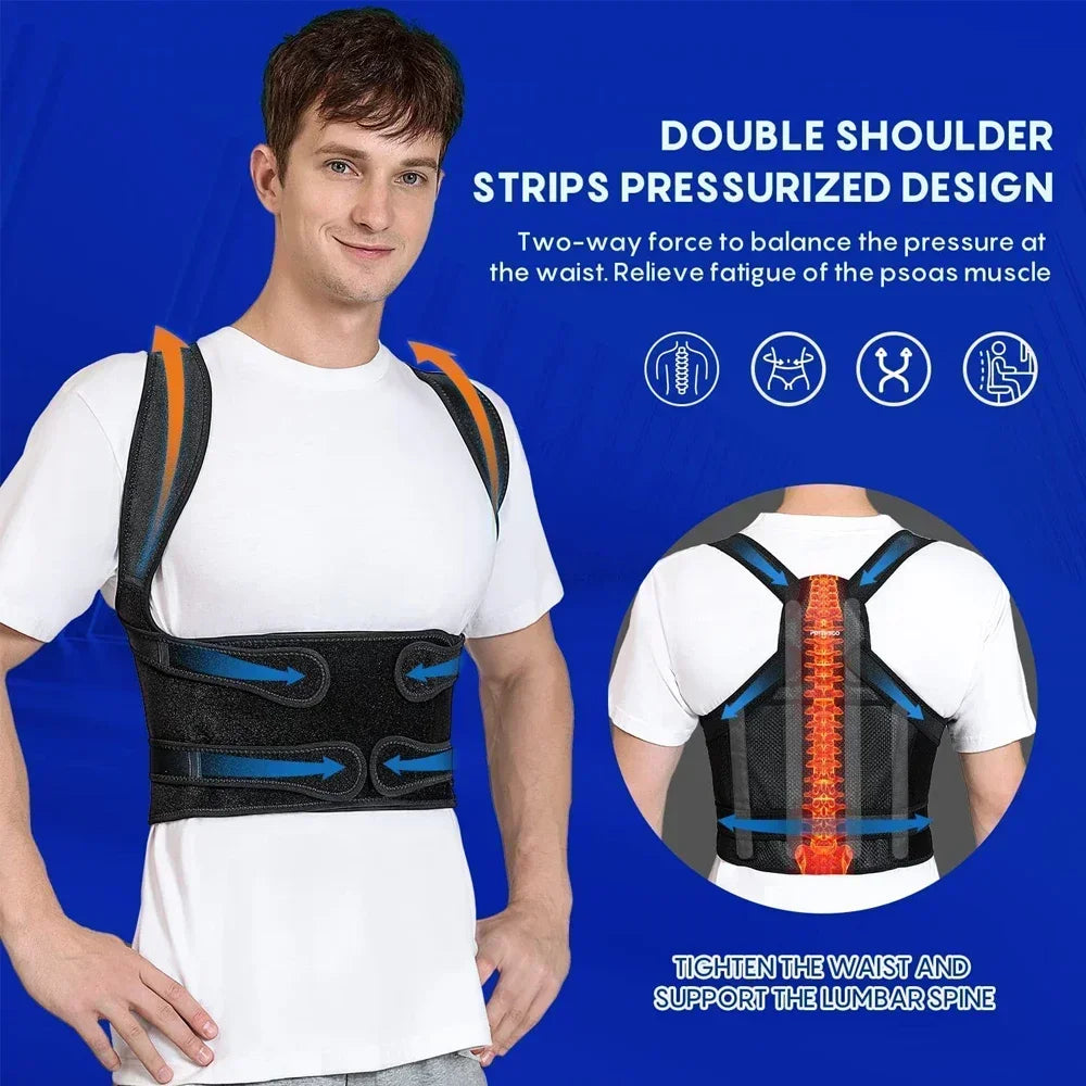 Adjustable posture corrector back brace for men and women, orthopedic spinal straps supporting upper and lower back comfort