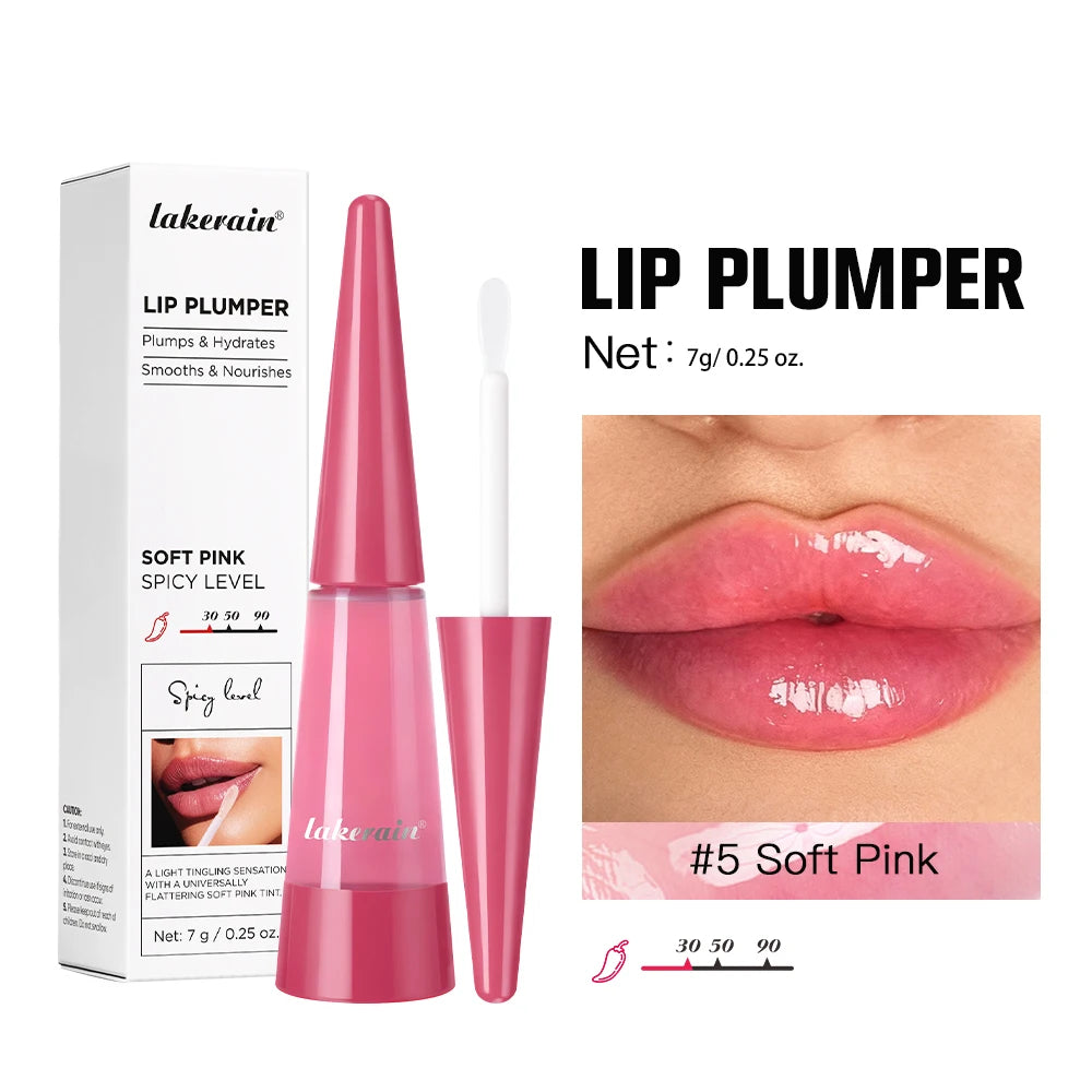 Amzzonstore Lakerain Lip Plumper Gloss Oil with volumizing, hydrating formula, showing shiny, full-looking lips in the image.