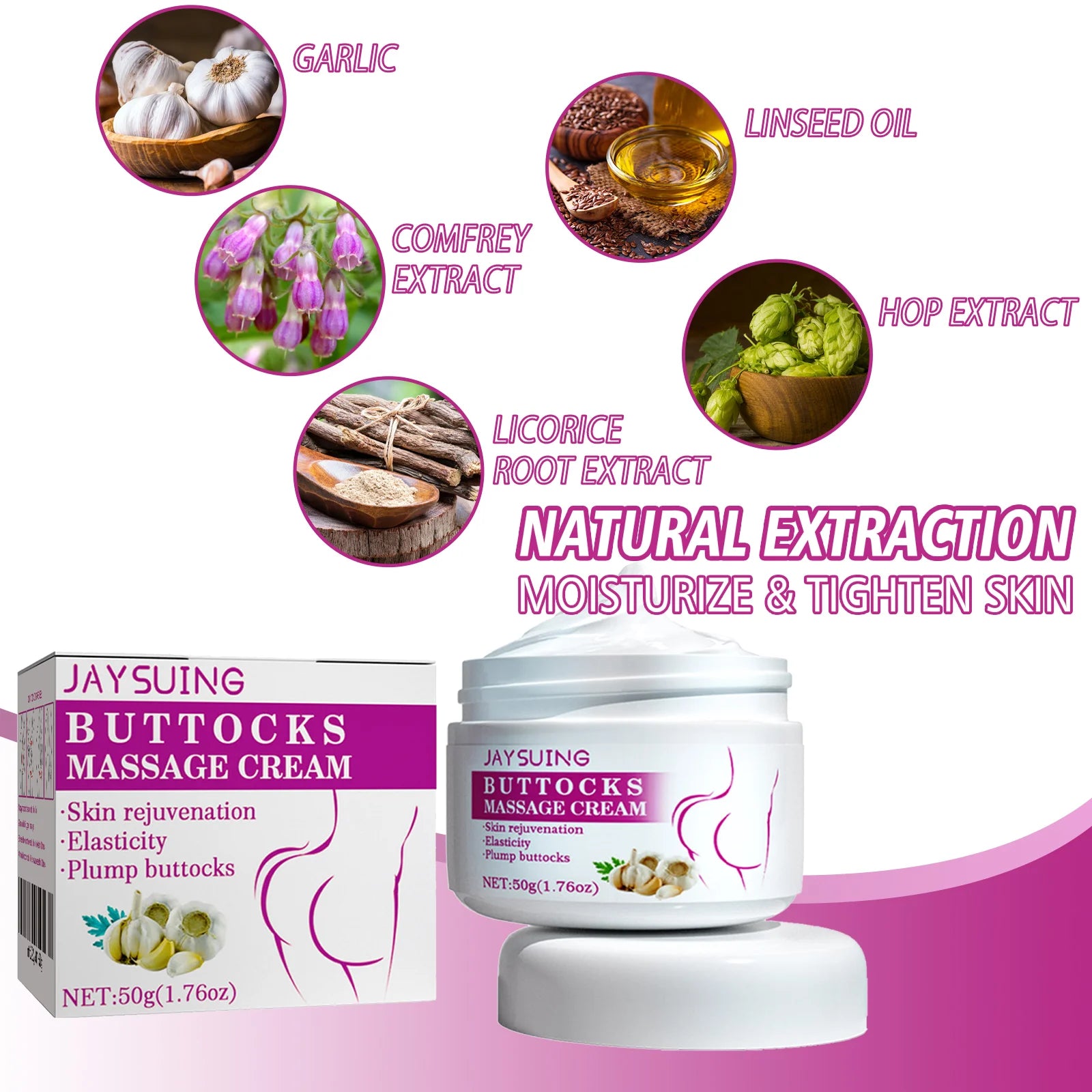 Amzzon.store Jaysuing Hip and Buttock Care Cream, a natural firming and lifting lotion for women, showing a jar of the product.