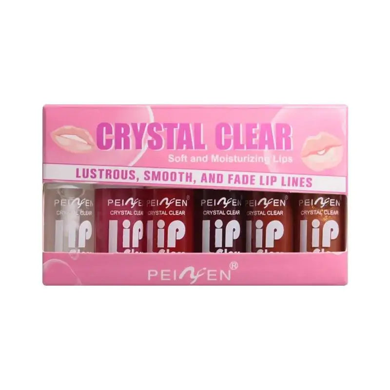 Six-piece glass mirror lip gloss set by amzzon.store featuring hydrating shimmer lip glaze and plumping lip oil.