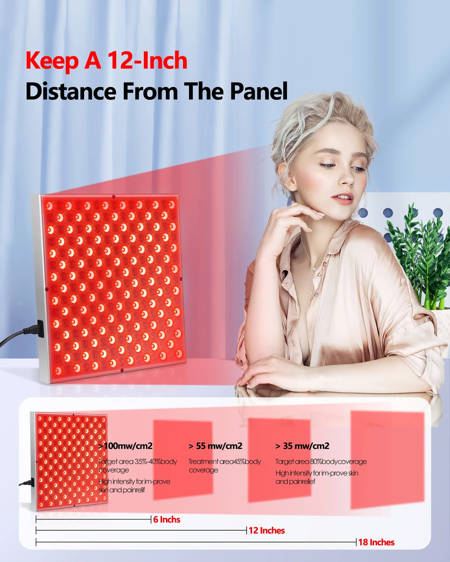 Red LED light therapy panel by amzzonstore showing 225 LED lights for facial anti-aging skin care and pain relief.