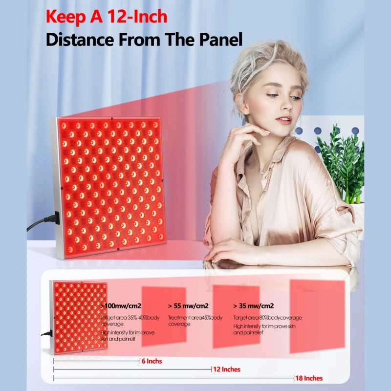 Red LED light therapy panel for facial skin care and pain relief, featuring 225 LEDs for anti-aging and physical therapy.