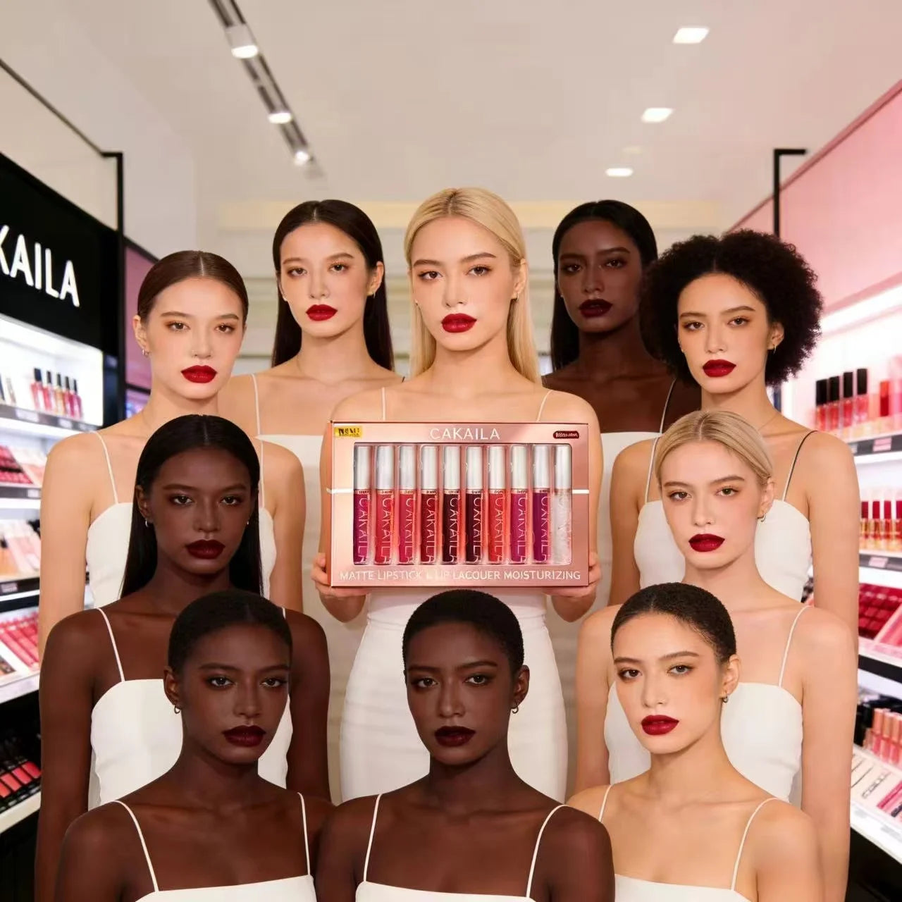 Set of 10 waterproof matte liquid lipsticks and lip oils from amzzon.store in nude, red, and pink shades with velvet finish