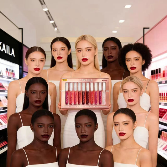 Set of 10 waterproof matte liquid lipsticks and lip oils from amzzon.store in nude, red, and pink shades with velvet finish