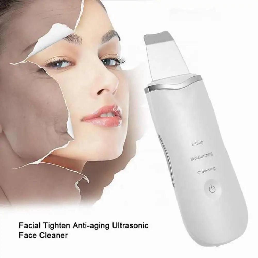 Ultrasonic skin scrubber device for deep facial cleansing with ergonomic design.