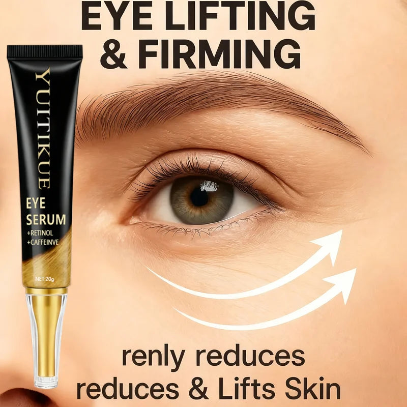 YUITIKUE caffeine eye cream in 20g jar showing smooth, creamy texture with retinol and collagen ingredients for anti-puffiness.