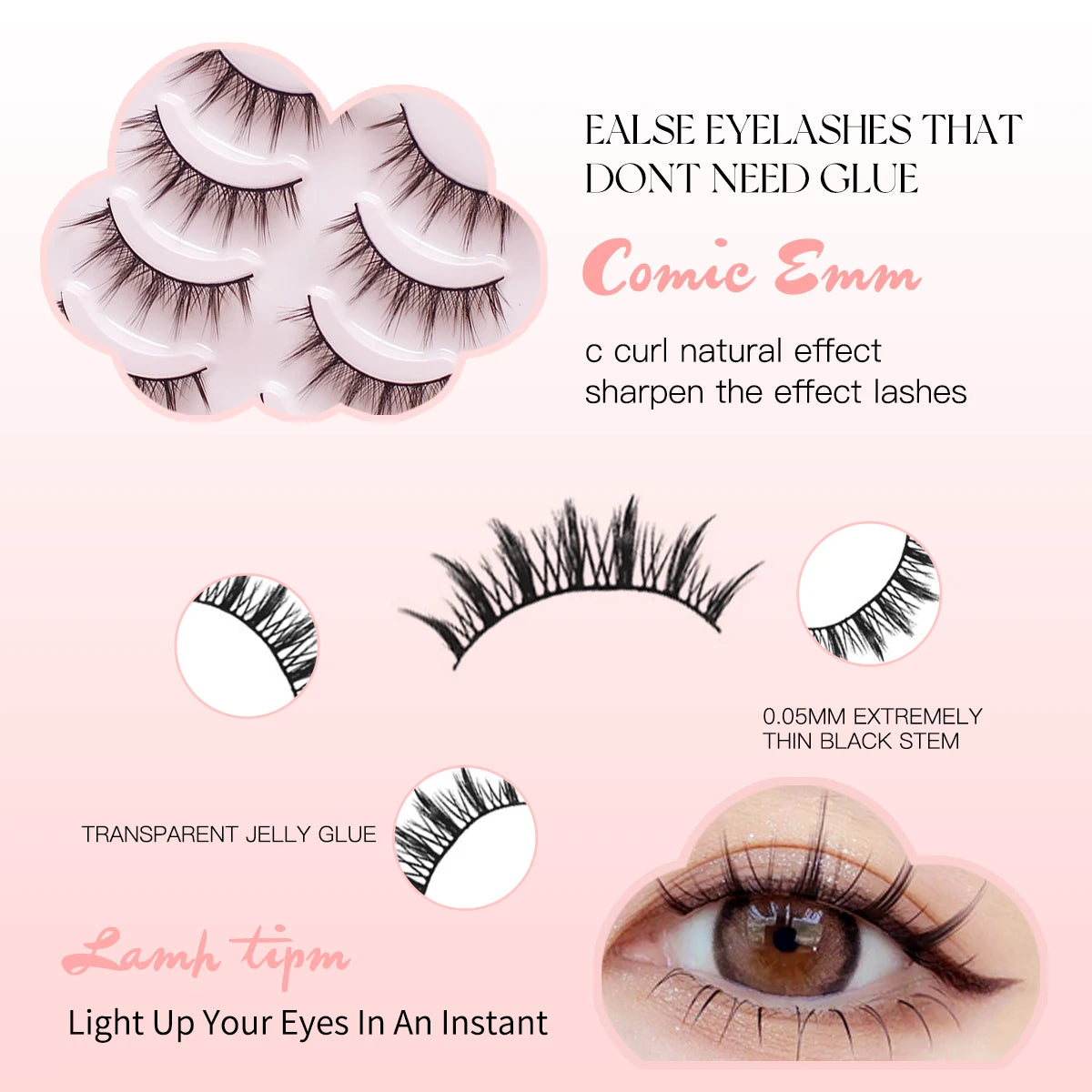 Sosweet soft natural manga lashes by amzzon.store, five pairs of wispy anime strip eyelashes for Korean doll makeup look.