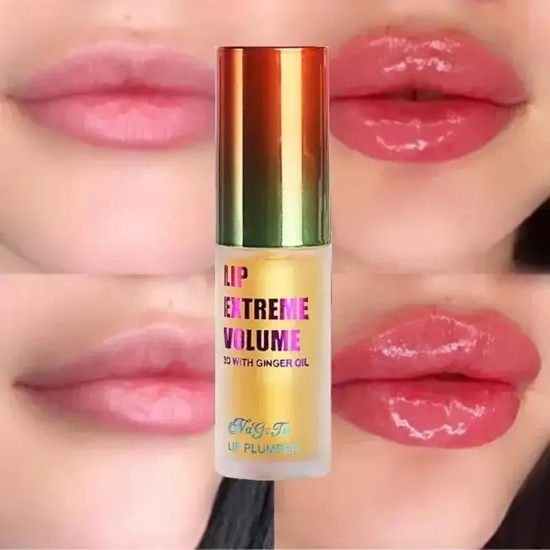 Ginger and mint lip plumper oil by amzzonstore, showing a clear serum bottle with fresh ginger and mint leaves for fuller, smoother lips.