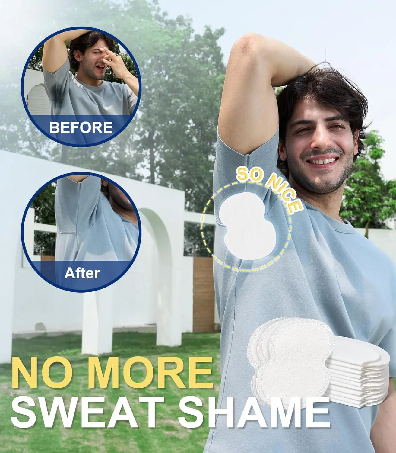 Disposable underarm sweat pads by amzzon.store, pack of 10-80, showing thin, absorbent armpit shields for odor and hyperhidrosis.