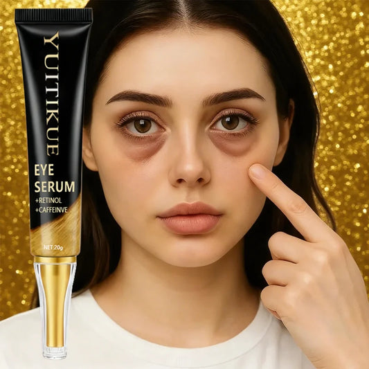 YUITIKUE caffeine eye cream in 20g jar, featuring retinol and collagen for anti-puffiness, firming, and lifting around the eyes.