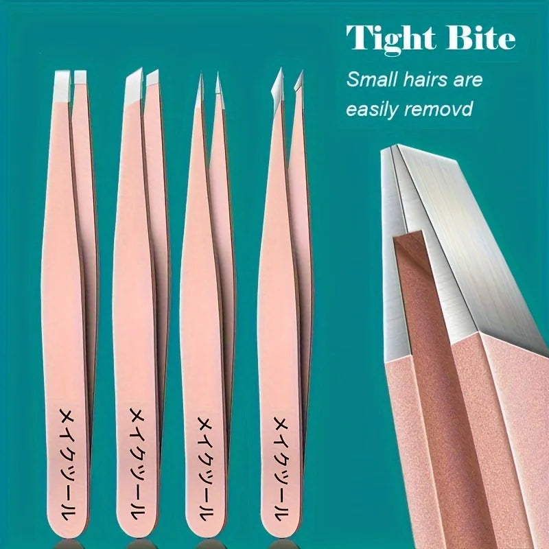 Set of four professional stainless steel eyebrow tweezers for face hair removal and splinter removal, by amzzon.store.