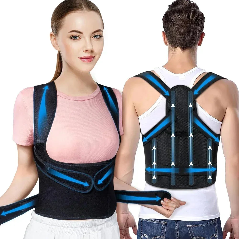 Adjustable posture corrector back brace for men and women, designed to support the spine and improve upper back posture.