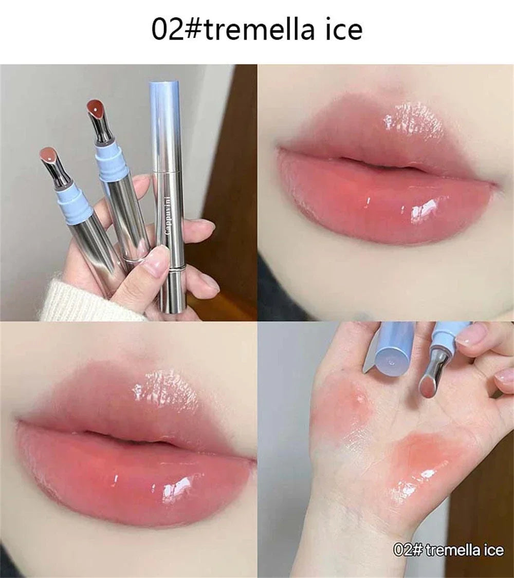 Amzzonstore Metal Head Ice Diamond Essence Lip Tint with mirror, water light glass finish, moisturizing and plumping lip gloss.