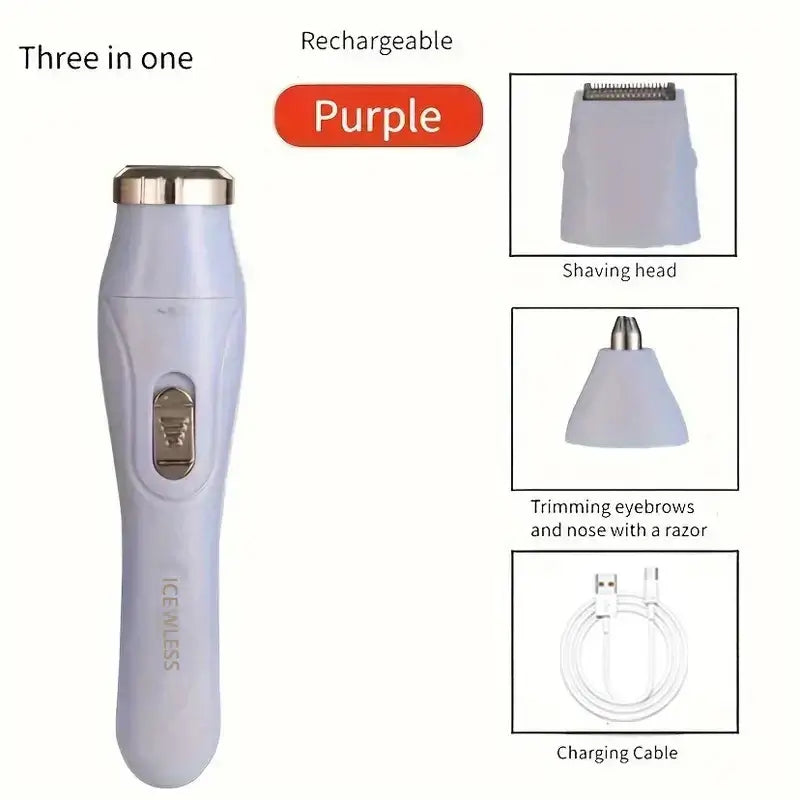 Amzzonstore 3-in-1 electric hair removal set with nose hair trimmer, suitable for underarm and leg hair, USB rechargeable device.
