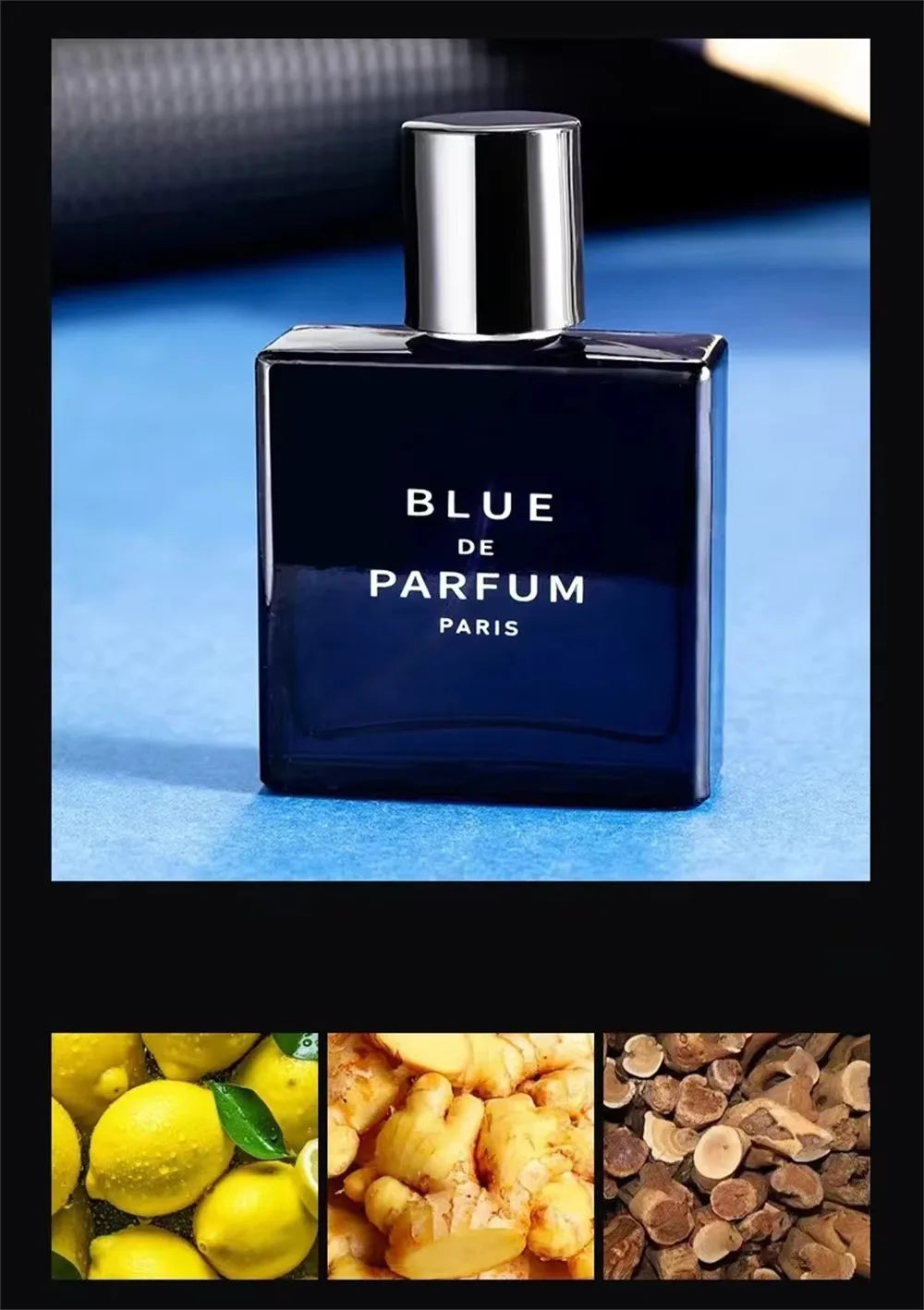 Set of four luxury men's cologne perfumes by amzzonstore, featuring natural floral and fruity scents in 100ml spray bottles.