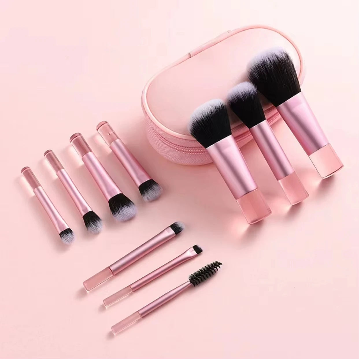 10 piece mini makeup brush set in travel size with soft wool fiber bristles
